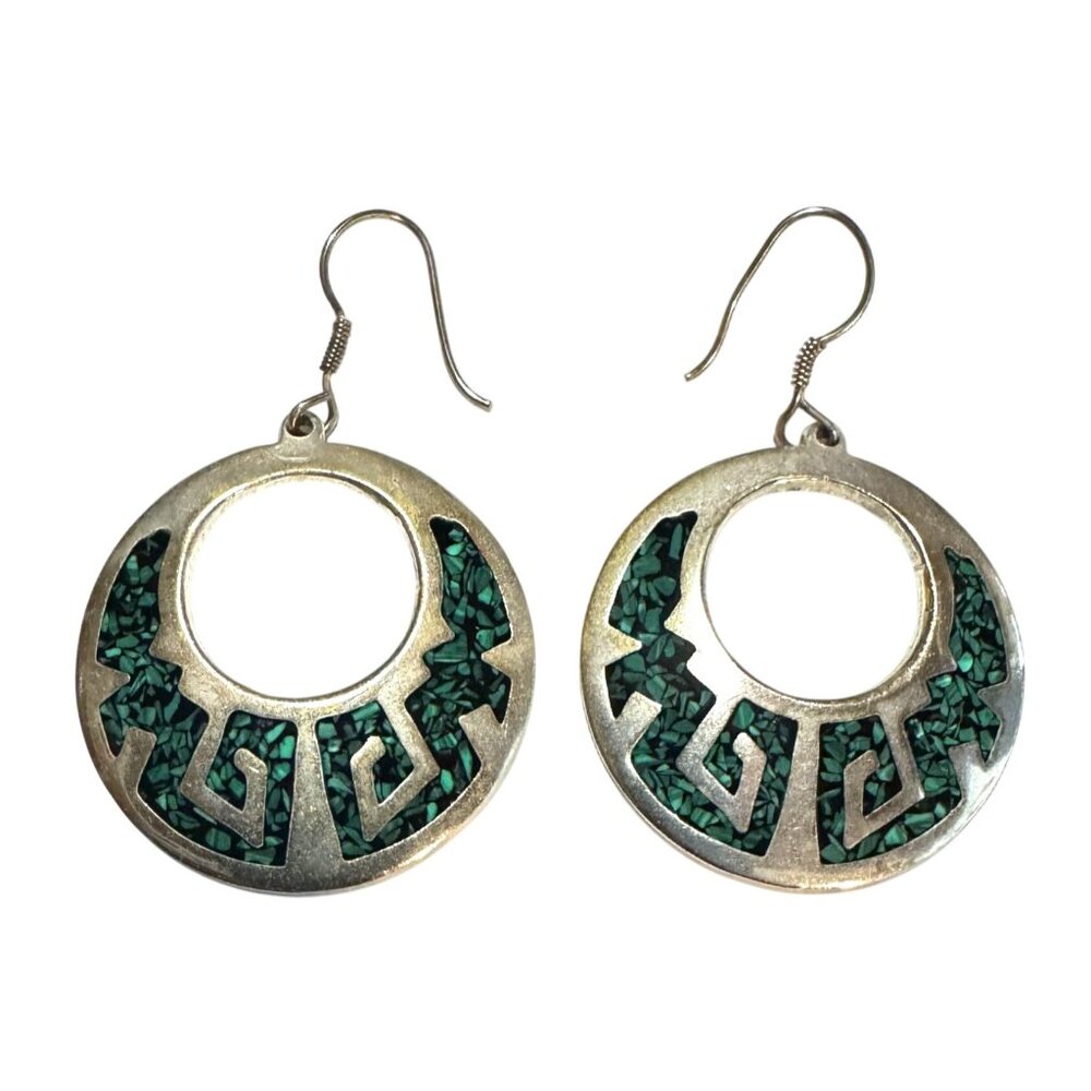 Southwestern Handcrafted 925 Sterling Silver Turquoise Dangle Hoop Earrings 14g